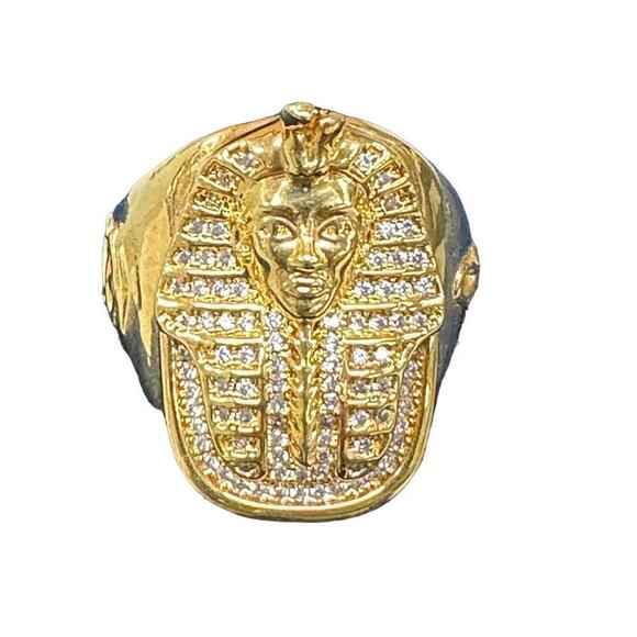 Huge Vintage King Ice Pharaoh Egyptian King Tut Gold Ring Mens 9 Crystal Studded - Picture 2 of 8